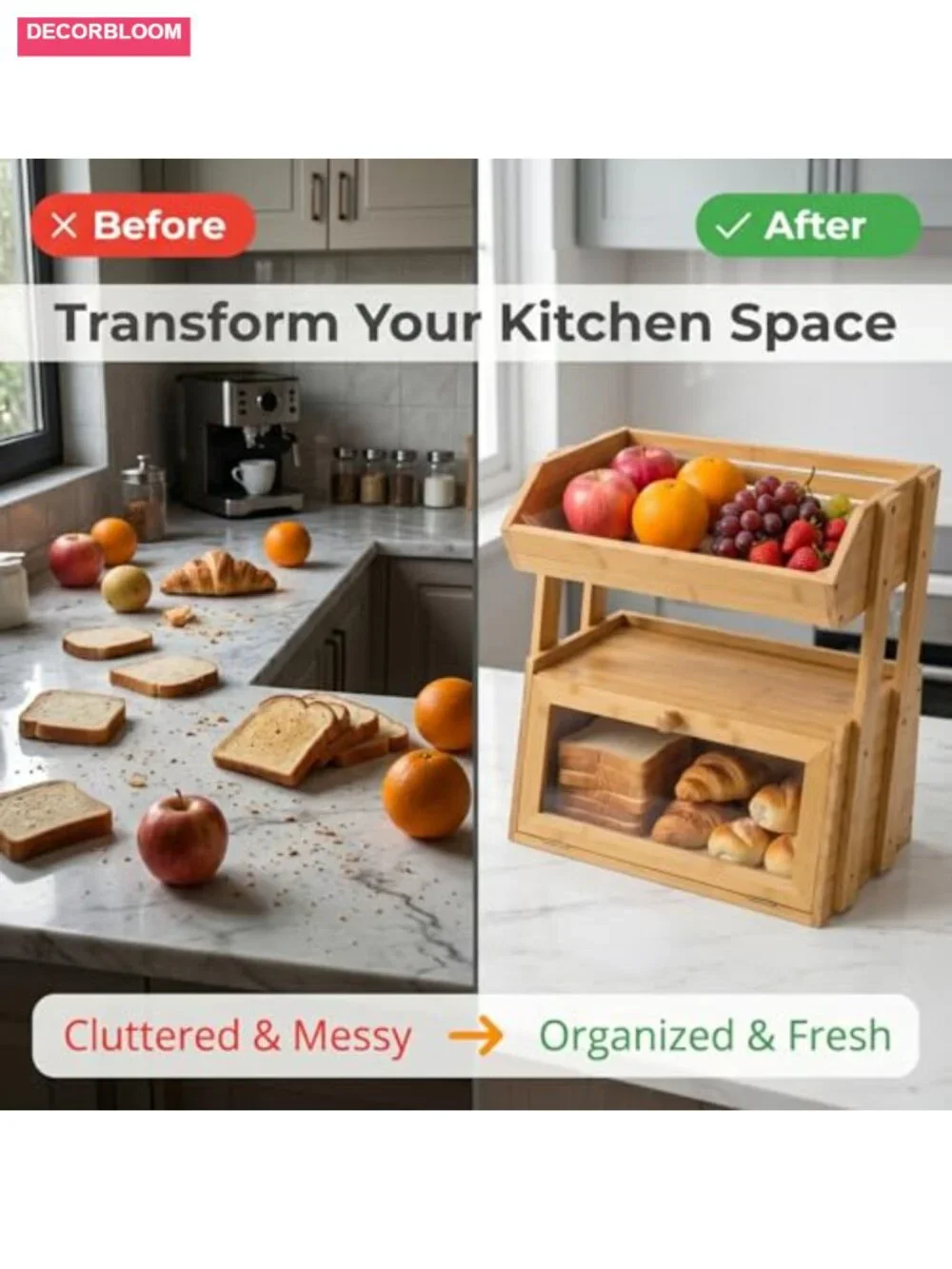 3-Tier Bamboo Bread Box with Fruit Basket for Kitchen Countertop Storage